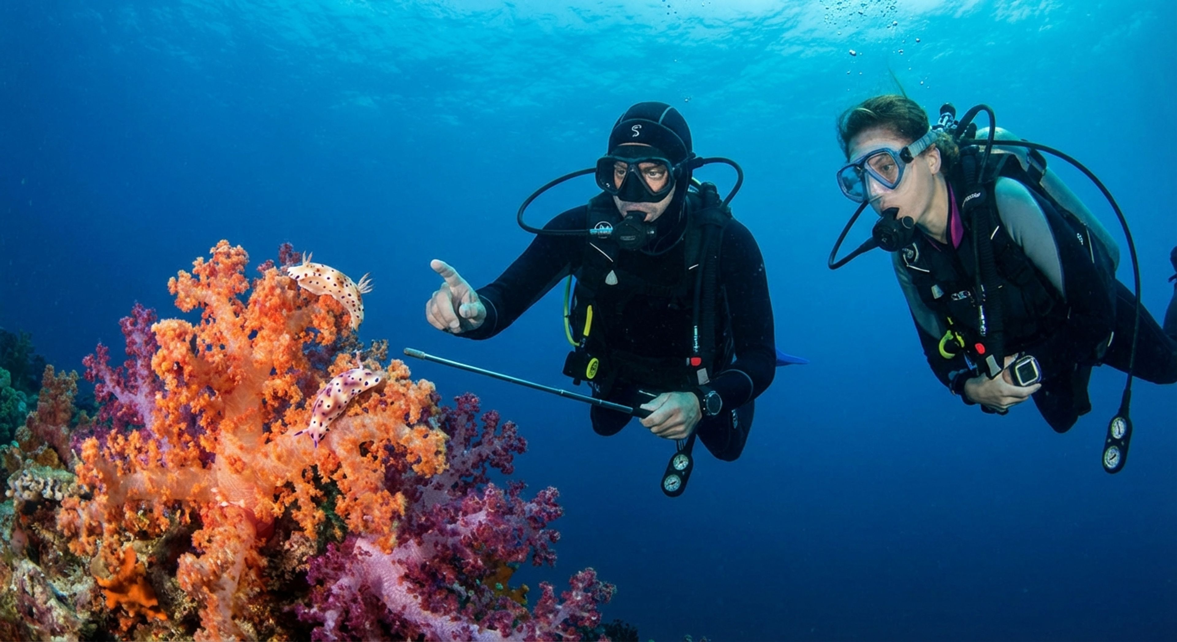 Underwater guide pointing at coral
