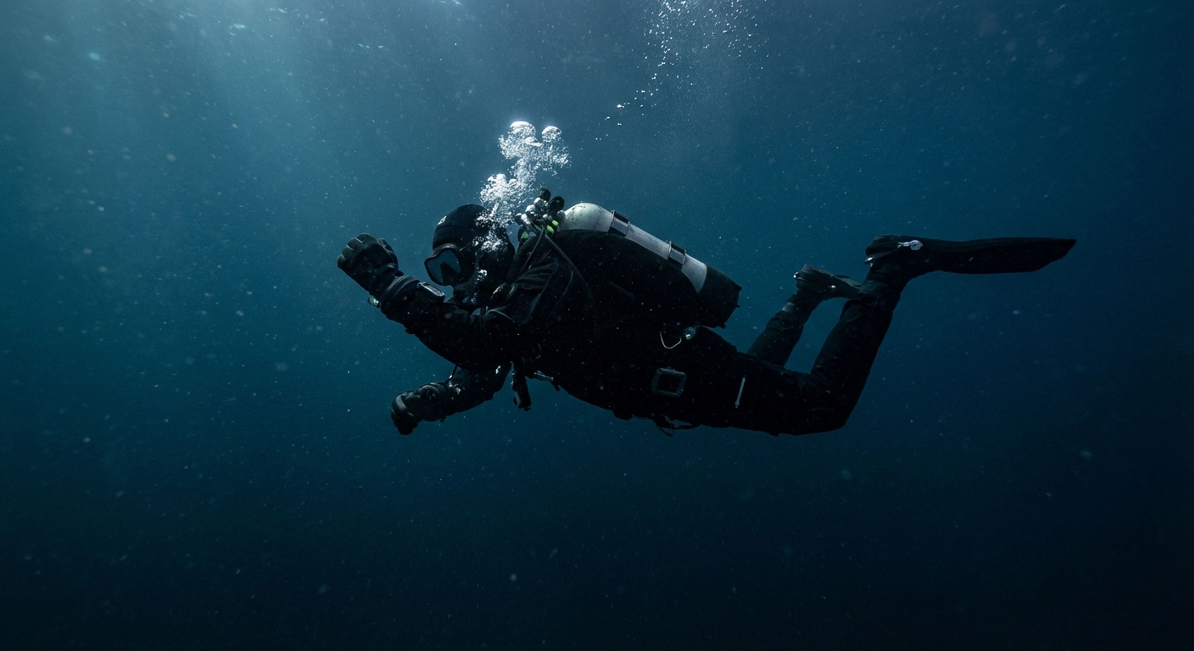 Diver venting air from shoulder valve