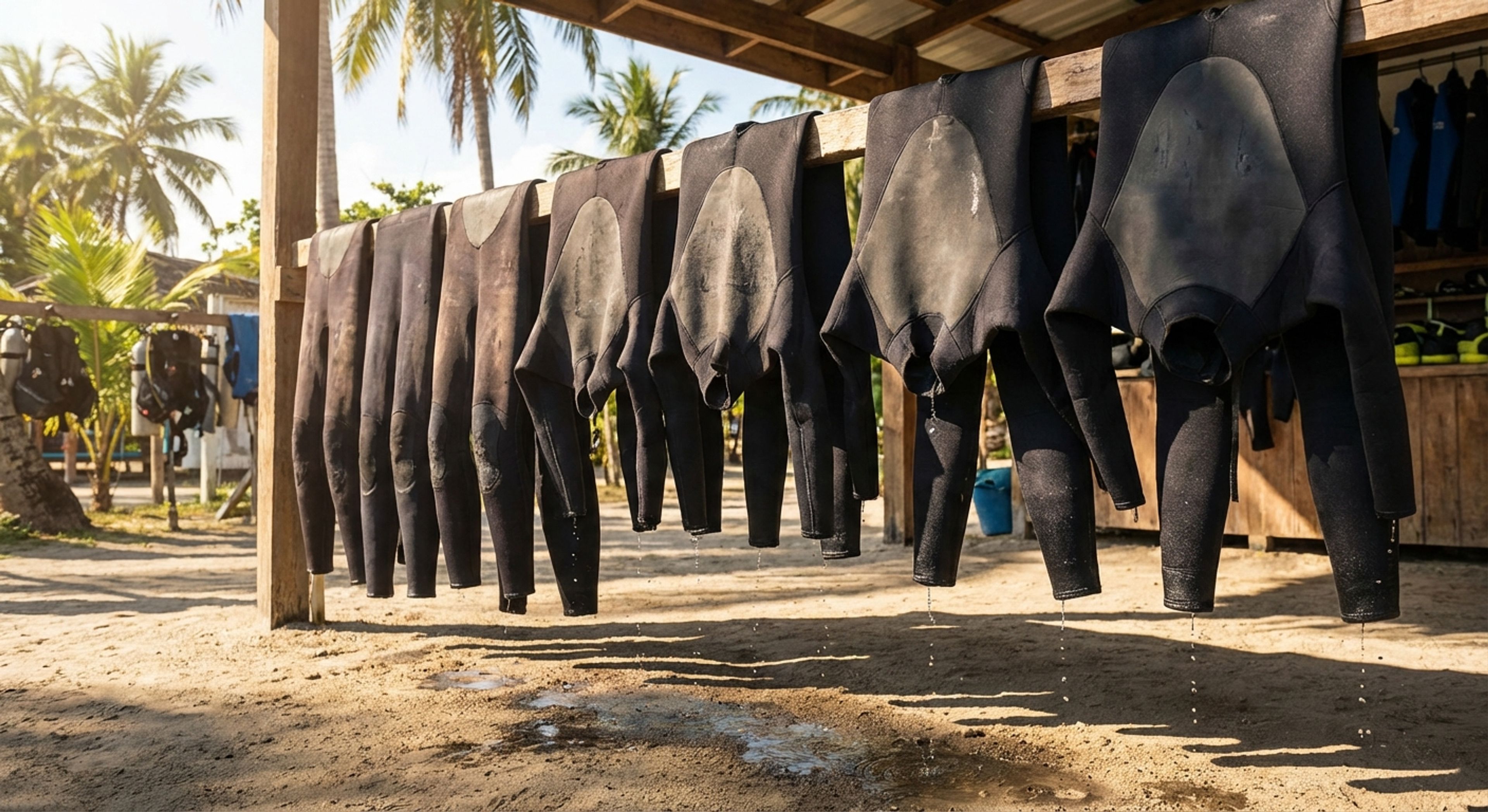 A rack of drying wetsuits