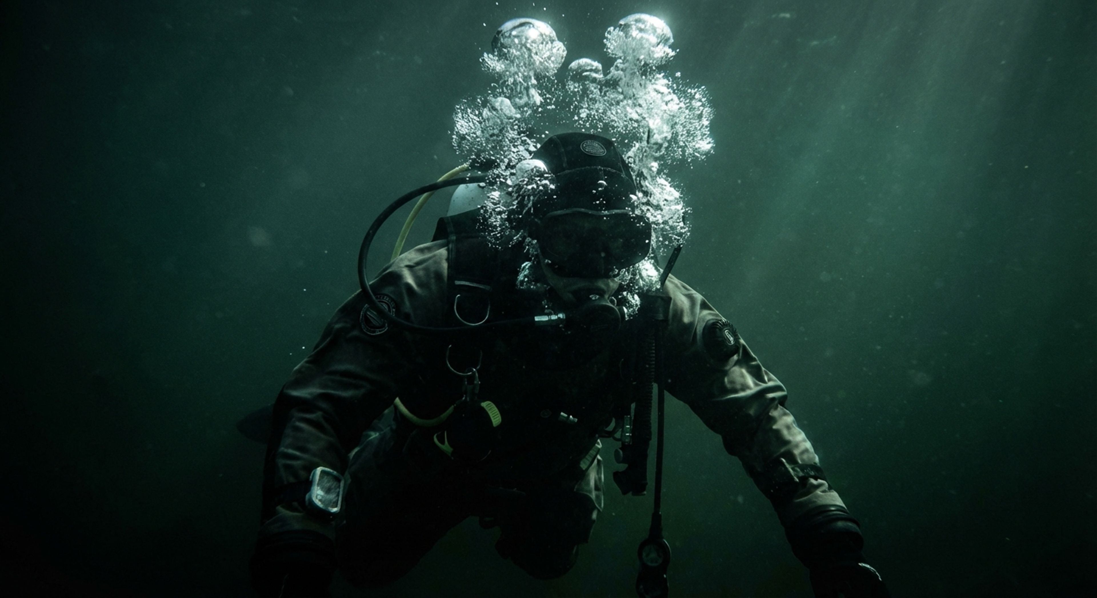 Diver breathing bubbles