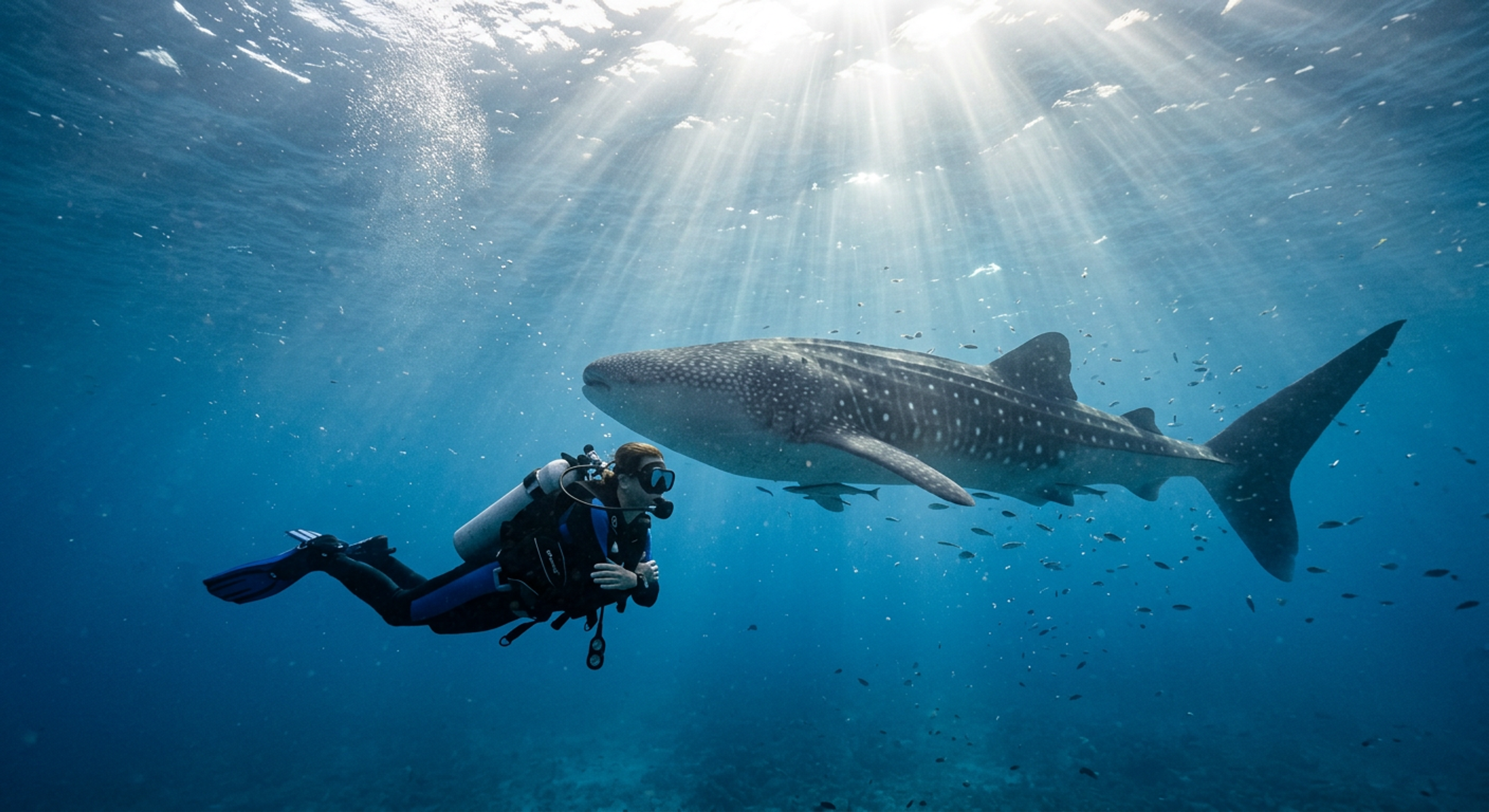 A diver watching a whale shark
