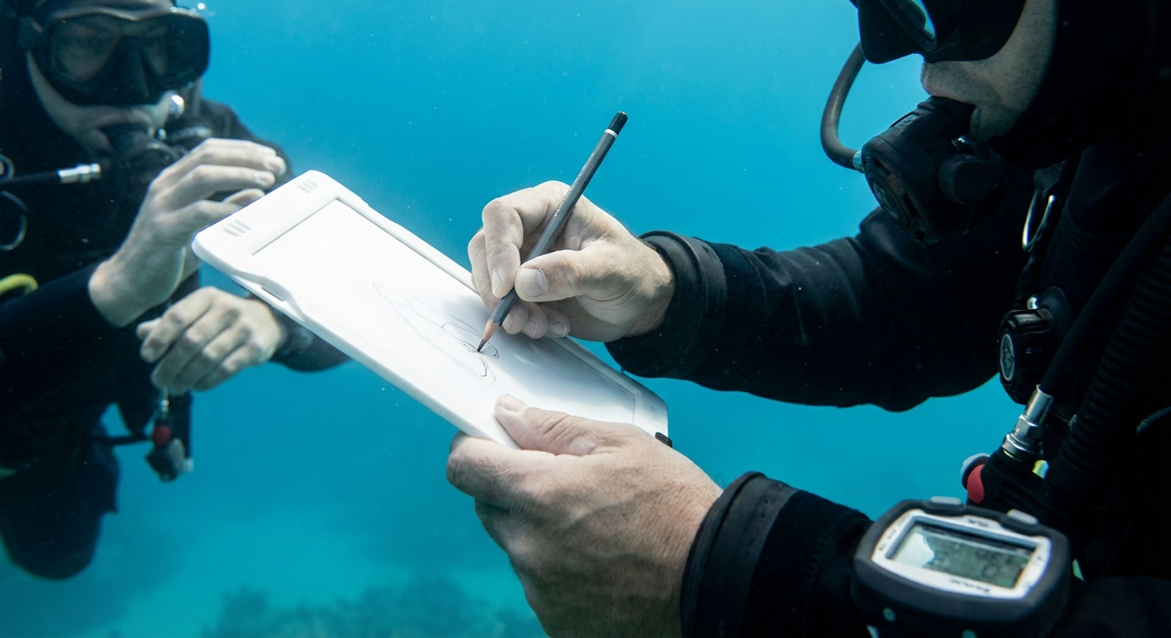 Diver writing on slate