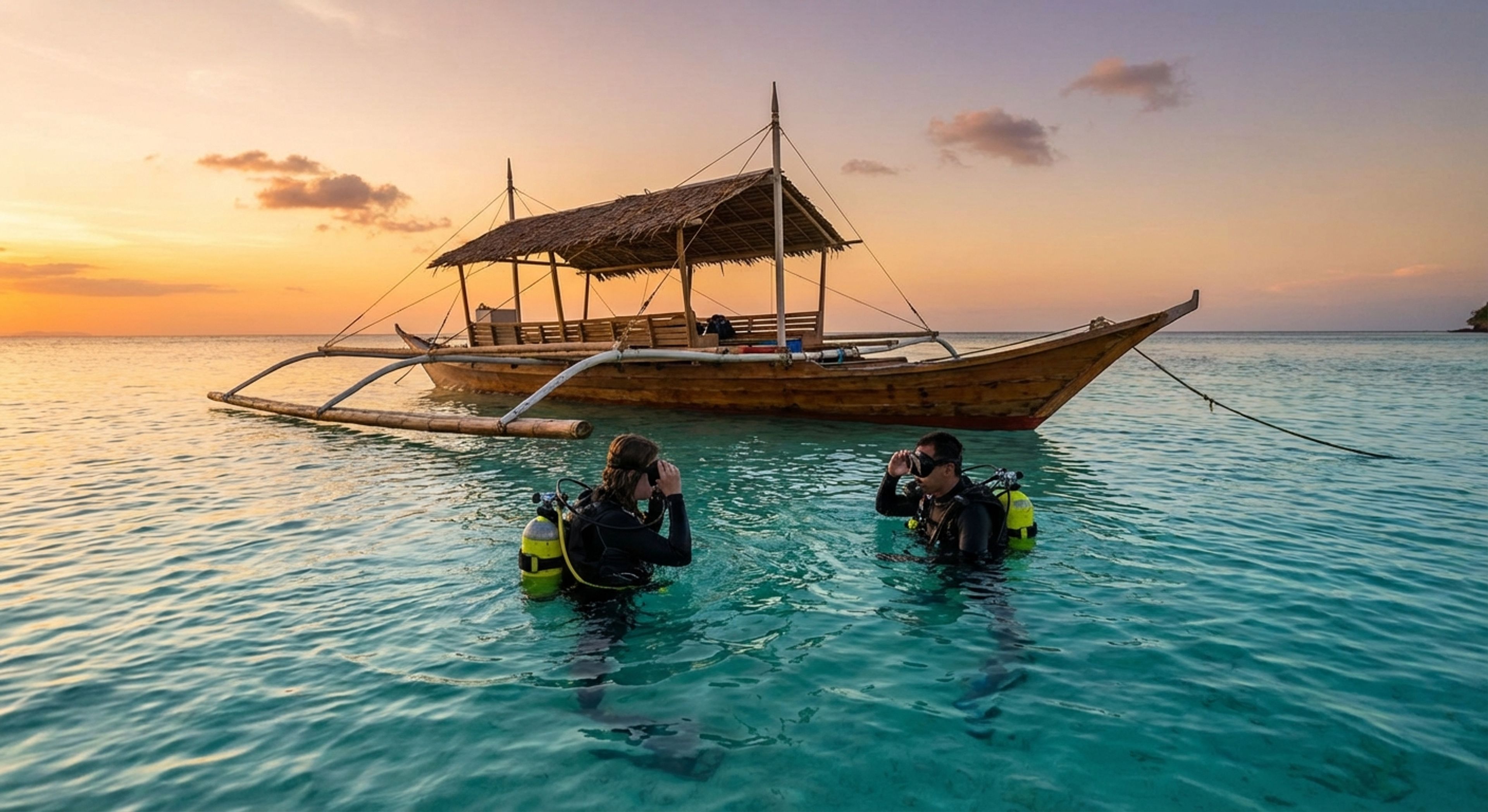 보트 근처에서 상승하는 두 명의 다이버
