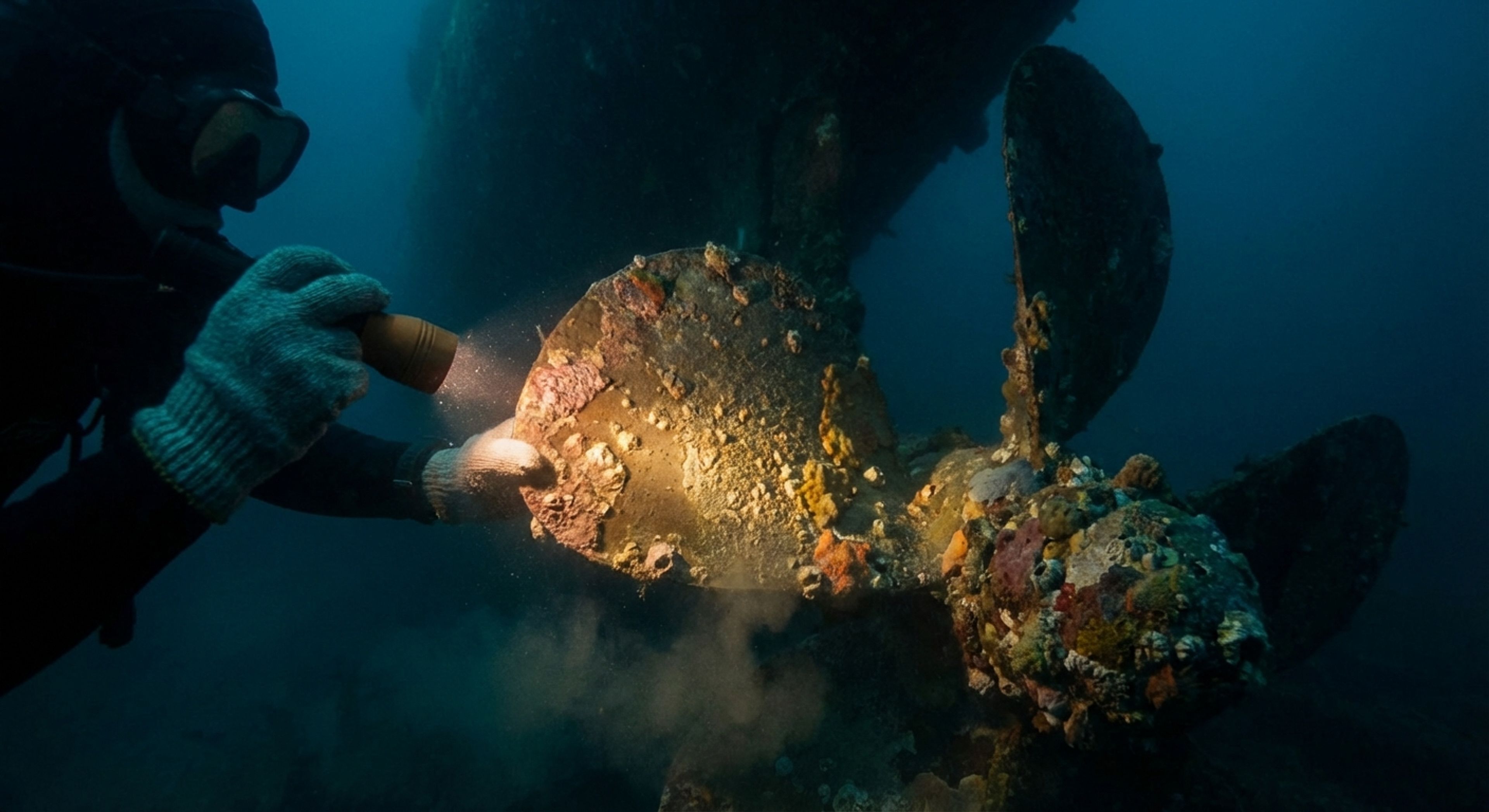 A diver shining a light on a ship's propeller