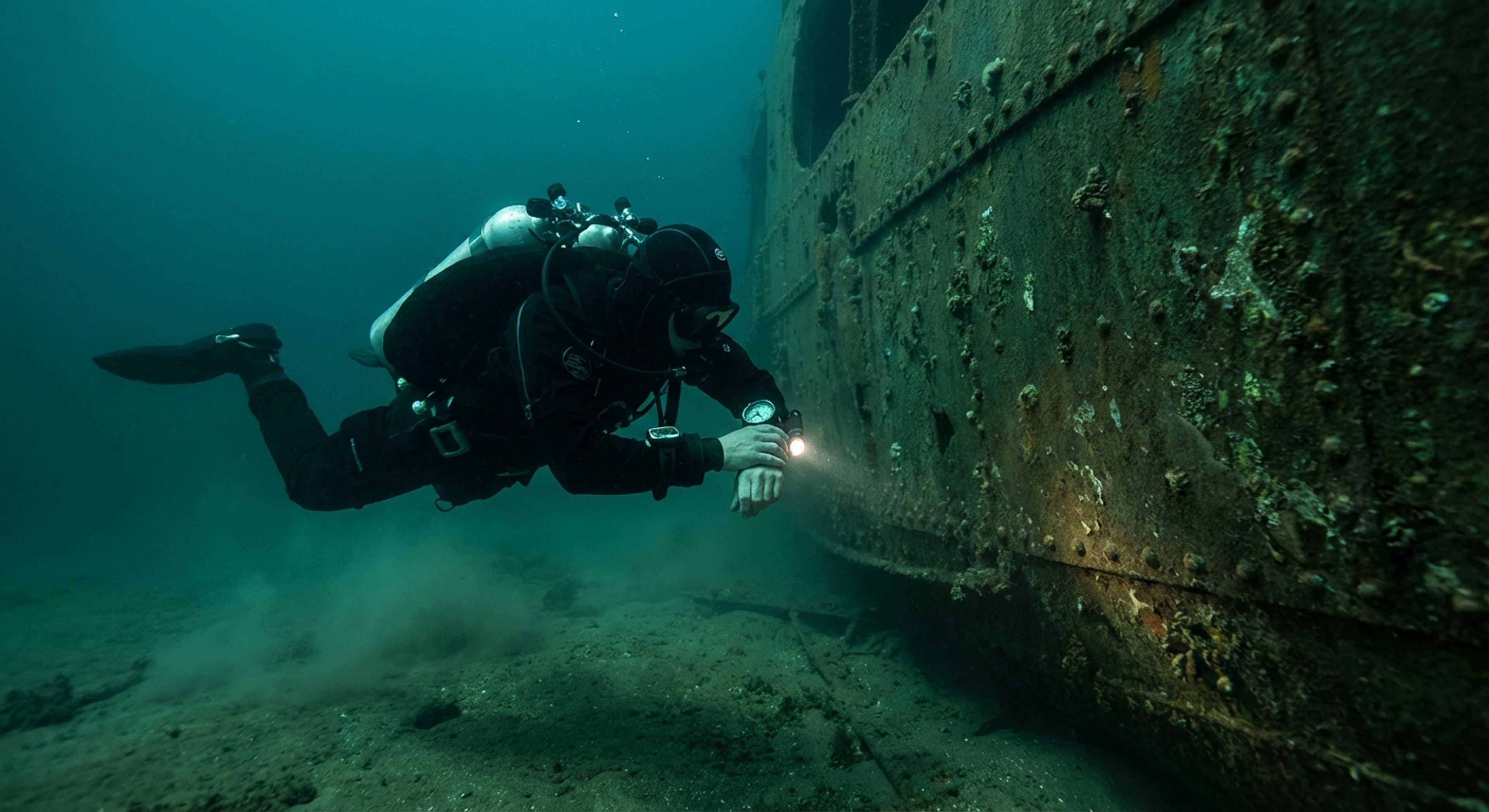 Diver checking gauges near rusty hull