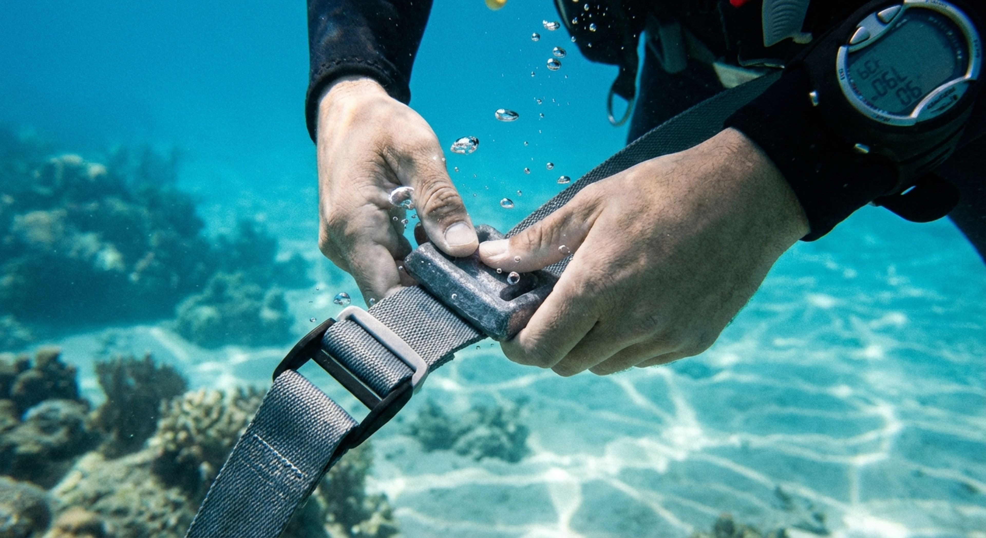 Scuba diver adjusting weights